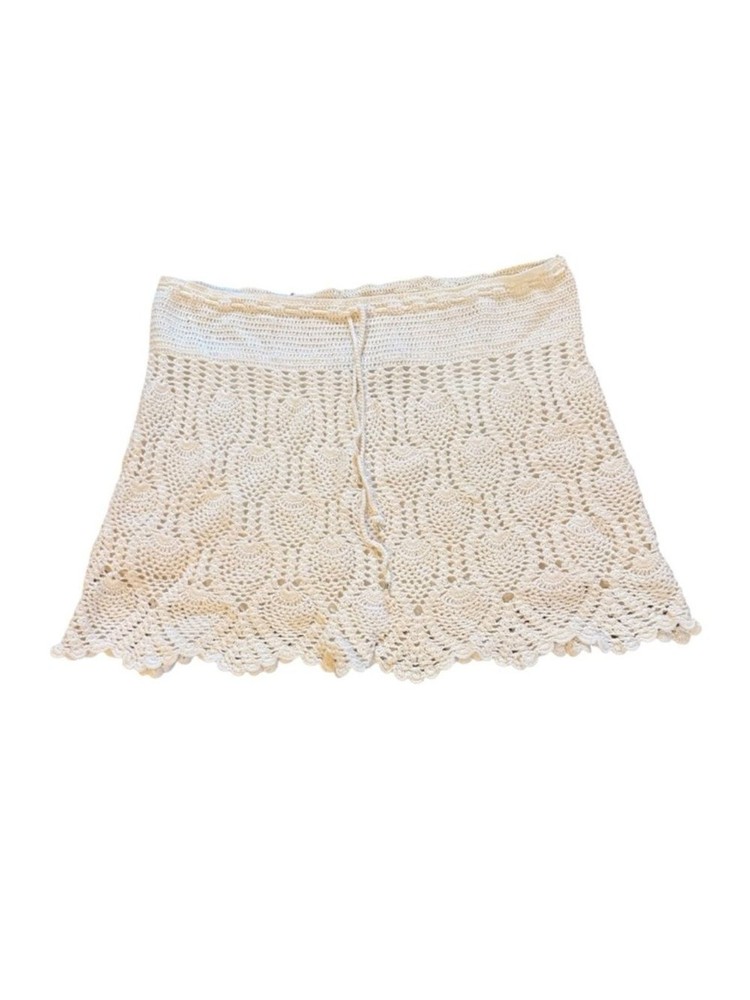 Gretchen Scott Hand Crochet Cream Mini Skirt Cotton Drawstring Waist Women Large
