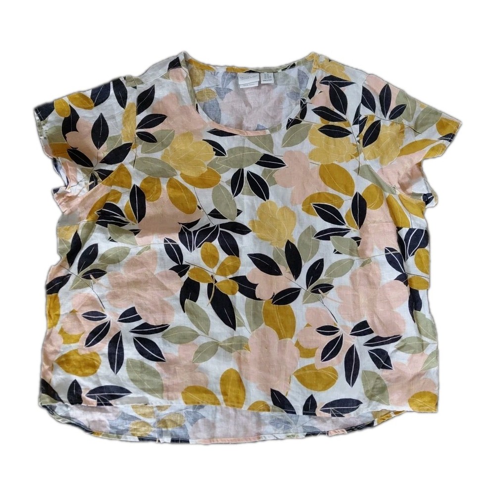 Rachel Zoe 100% Linen Floral Top Womens Size 2X Breathable Earth Tones Comfort