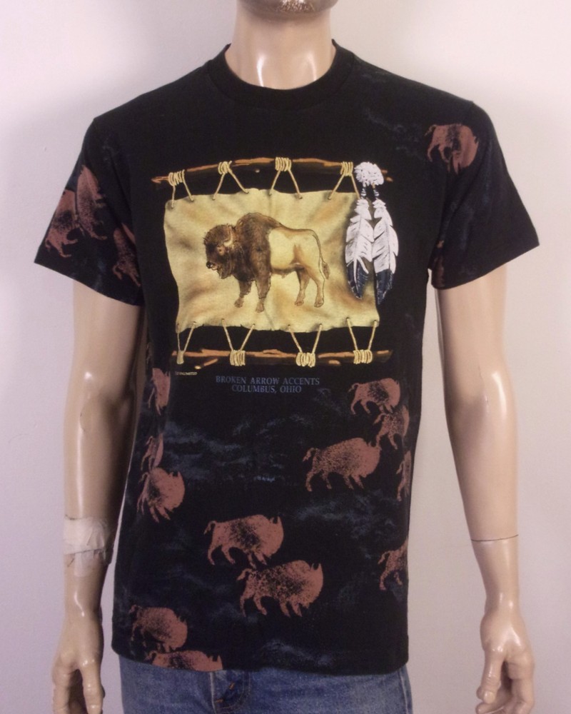 vintage 90s single stitch Art Unlimited Buffalo T-Shirt AOP All Over Print SZ L