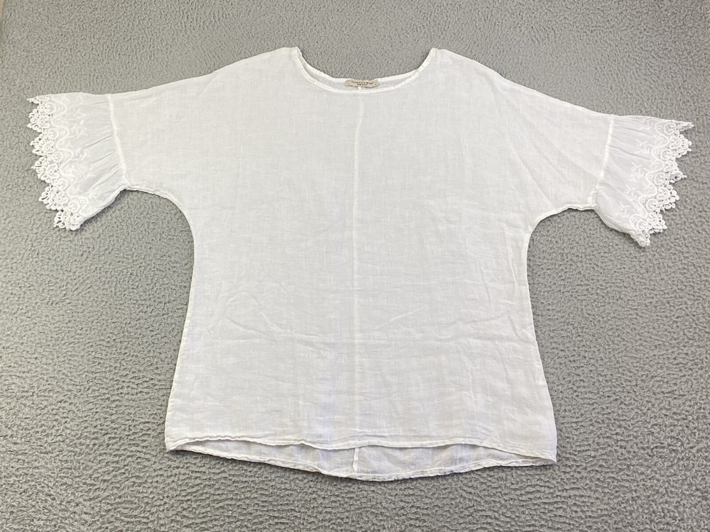 Francesca Bettini Linen Blouse Sz Large Half Sleeve Lace White Made in Italy EXC