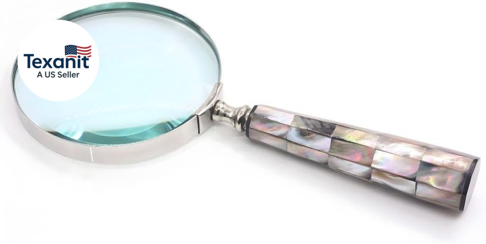 Vintage Magnifying Glass with 10X Lens Mother of Pearl Handle Brass Frame Handhe