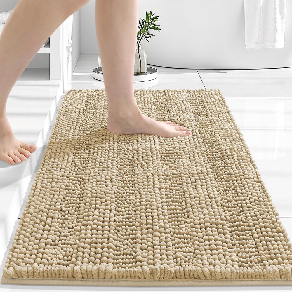 Chenille Striped Bathroom Rug 24x16 - Ultra Plush Absorbent Non-Slip Bath Mat