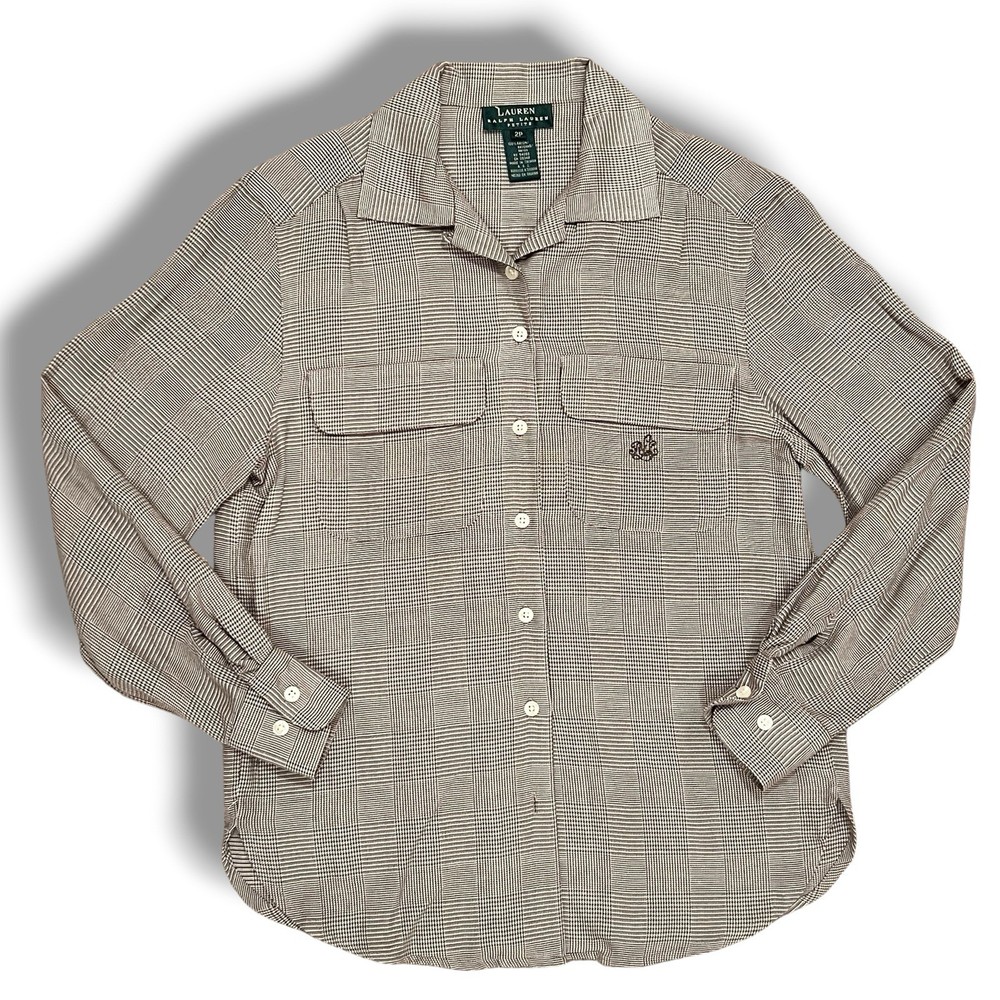 VTG 80s 90s Lauren Ralph Lauren Women Glen Plaid Button Long Sleeve Blouse Sz 2P