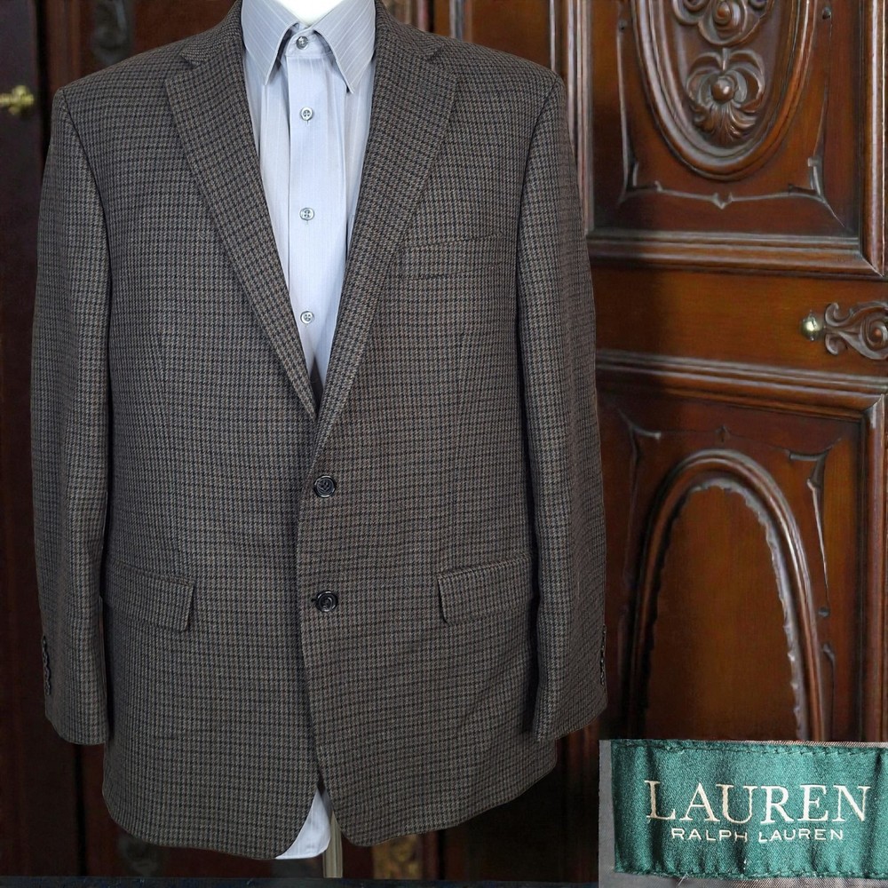Lauren Ralph Lauren Jacket Blazer Mens 44R Brown Houndstooth Soft Tweed Wool