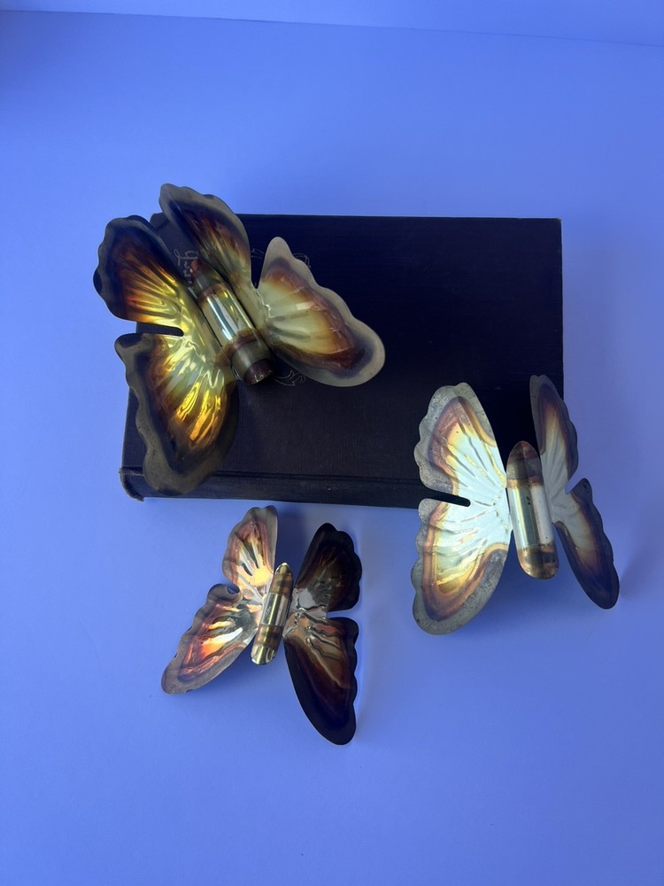 Vintage MCM HomCo Set of 3 Metal Hanging Butterflies Copper Brass Wall Art Decor