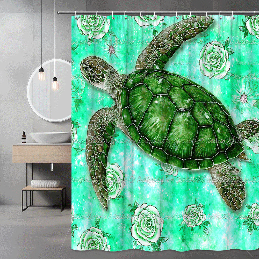 Sea Turtle Floral Shower Curtain Green Ocean Print