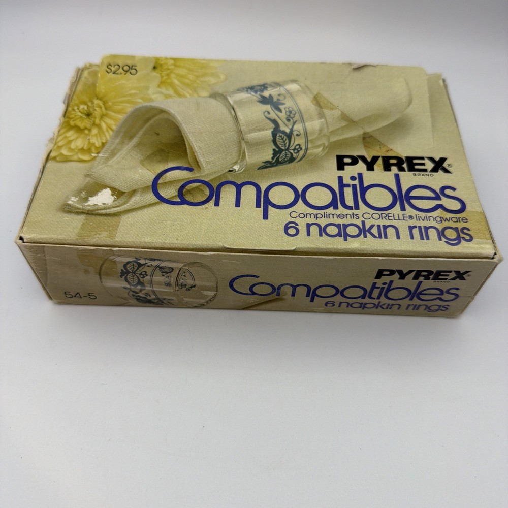 Vintage Pyrex Compatibles 6 Glass Napkin Rings 54-5 OLD TOWN BLUE in Box