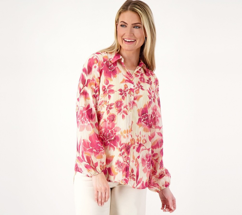 Isaac Mizrahi Live! Women's Top Plus Sz 1X Regular Printed Lurex Pink A599134