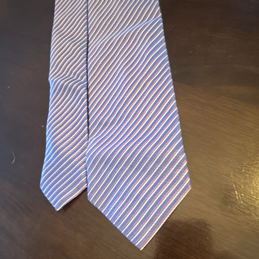 BOSS Hugo Boss Men's Blue/Pink/White Woven Silk Striped Tie Made in Italy