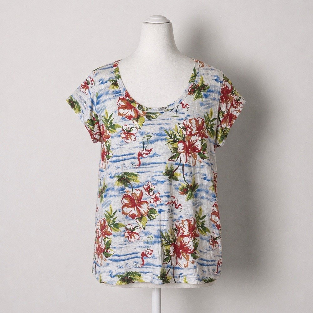 Fresh Produce Tropical Floral Flamingo Scoop Neck Cotton Top Women's Size L