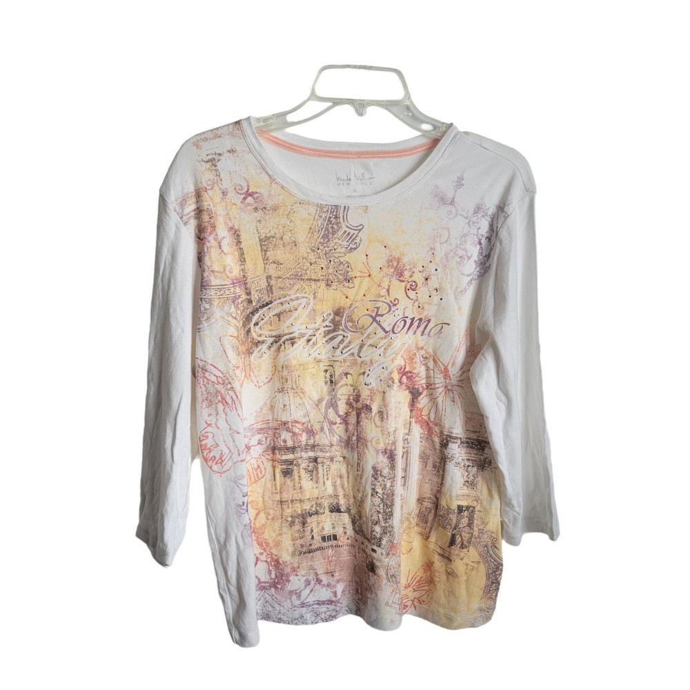 Nicole Miller Womens XL Italian Graphic Studded 3/4 Sleeve Shirt