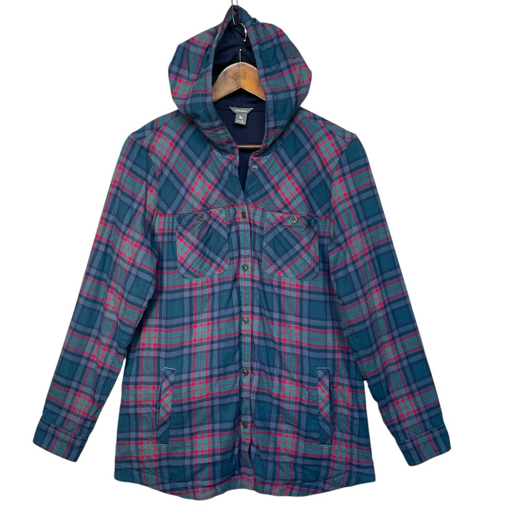 Eddie Bauer Women Hooded Flannel Jacket Size L Blue Plaid 100% Cotton Lined