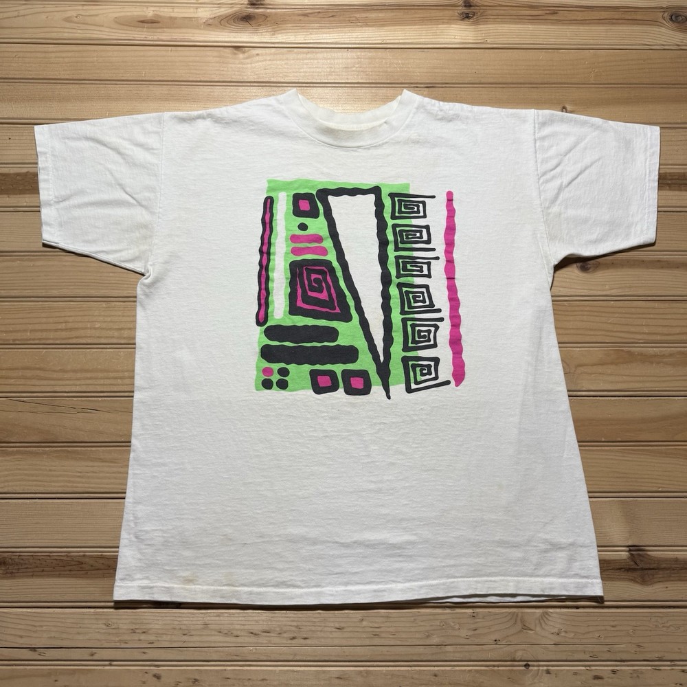 Vintage 80s 90s Geometric Neon Shapes Colors Swirls Abstract Art Shirt Size L/XL