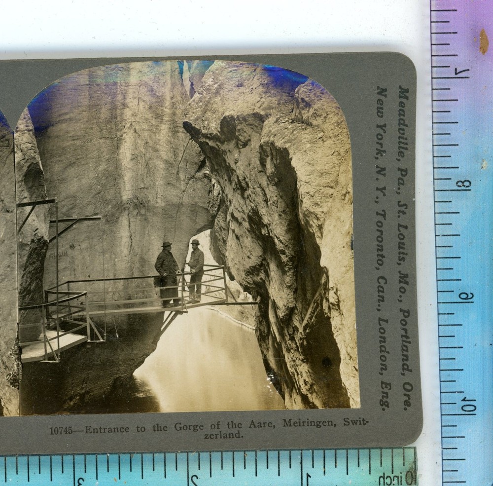 Men at Entrance Gorge of Aare Meiringen Switzerland Keystone Stereoview
