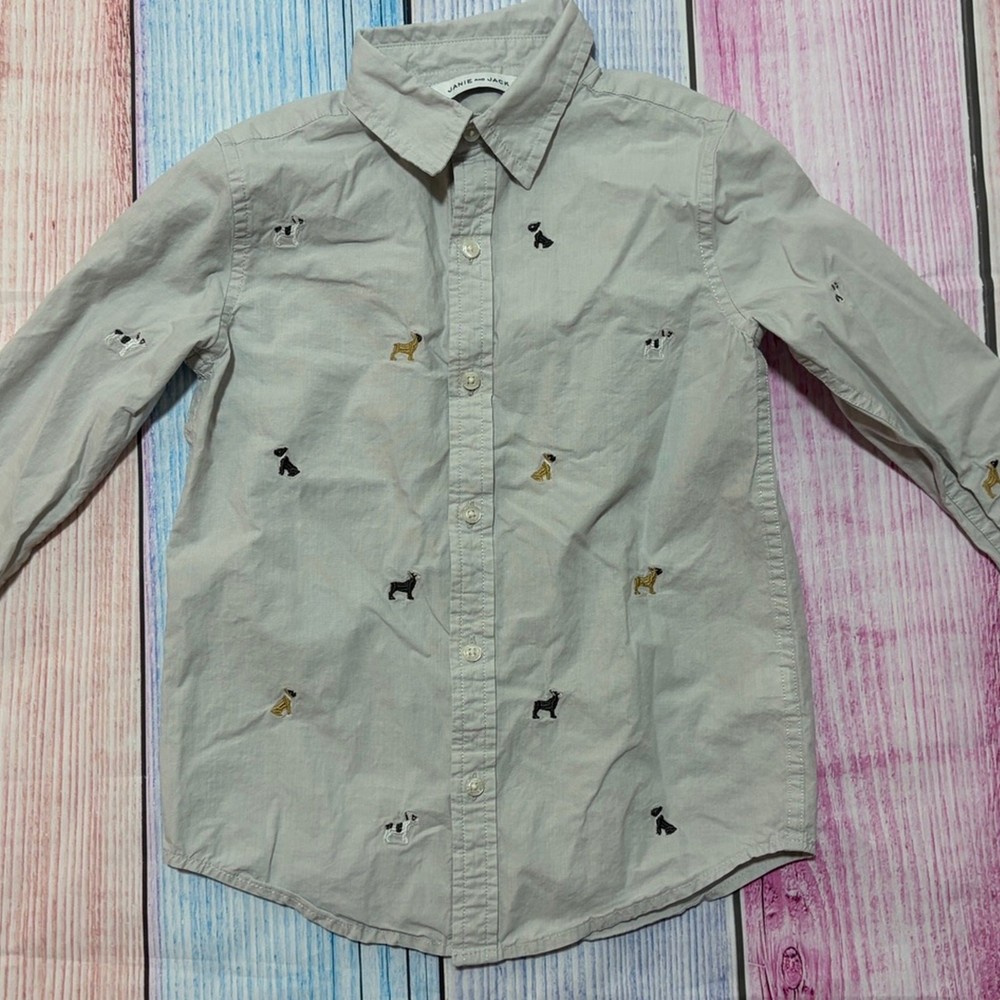 Janie and Jack Boys Size 6 Light Gray Embroidered Dogs Long Sleeve Button Shirt