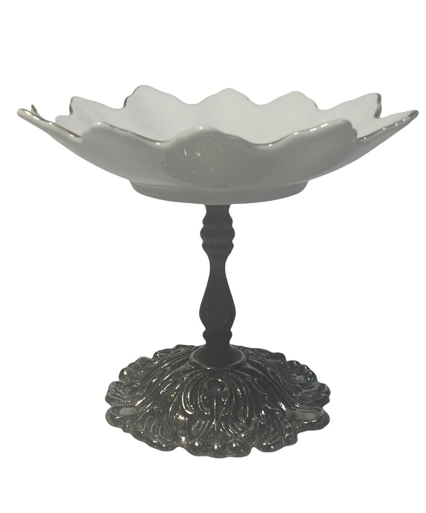 Accurate Casting Ceramic Porcelain Pedestal Silver Metal Soap Trinket Dish Gold-image