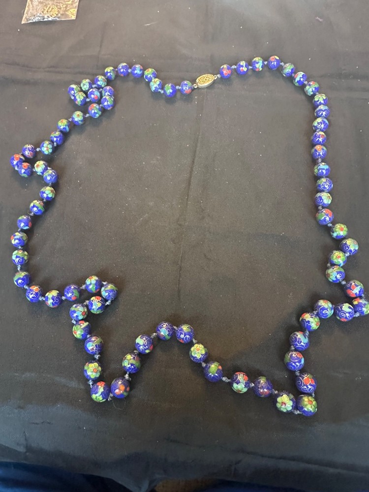 Vintage Chinese Export Cloisonné Bead Necklace Cobalt Blue Floral 925 Sterling S