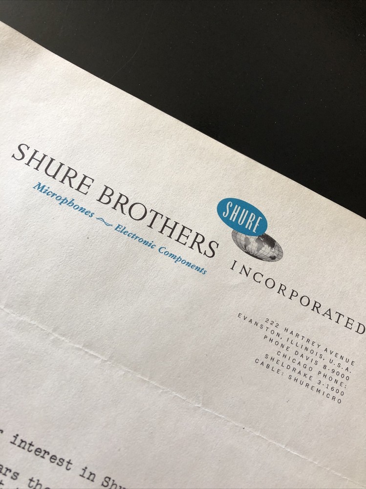 1958 Shure Brothers Microphone Manufacturer Letterhead Stationery Evanston IL