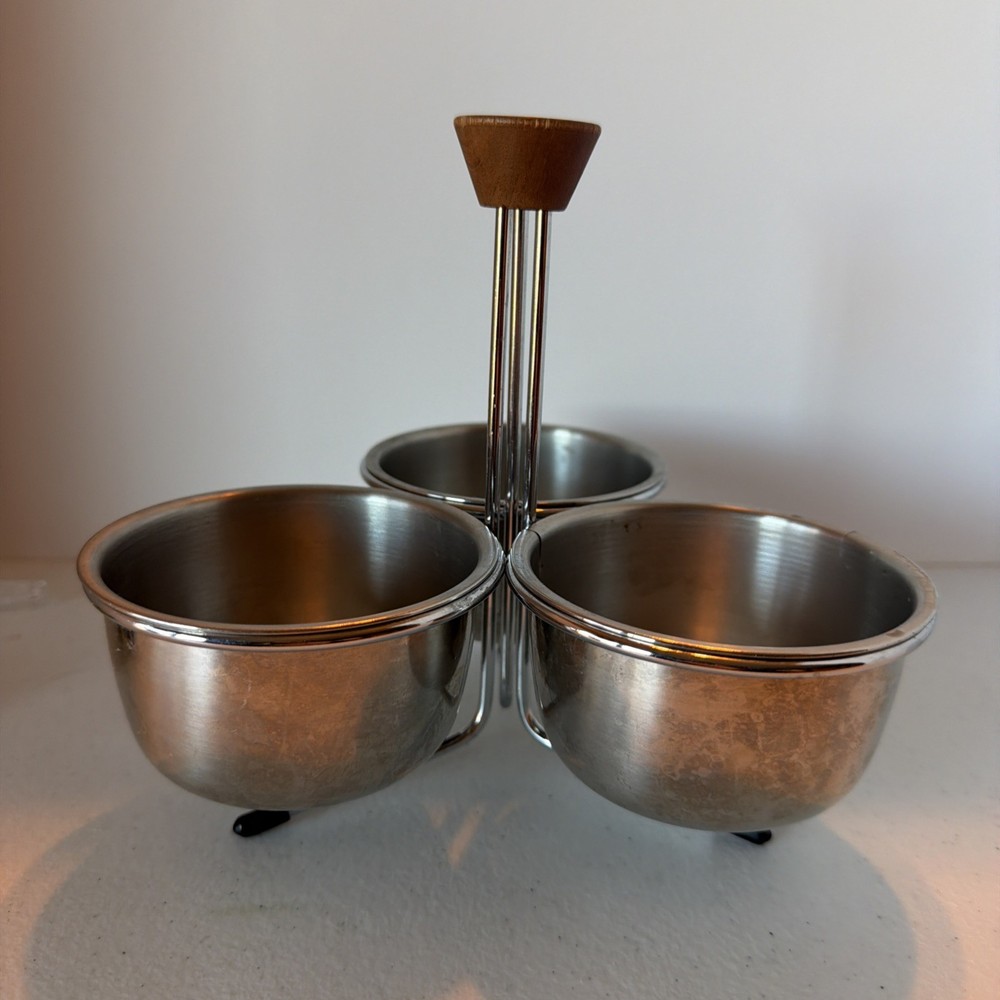Mid Century Modern Condiment Server Caddy wood handle stainless steel 3-bowl