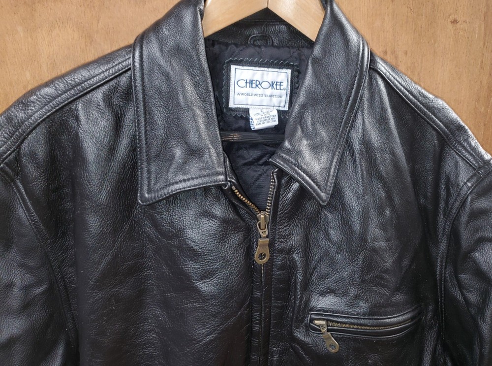 Cherokee Mens Large Black Motorcycle Biker Leather Jacket Zip Pockets