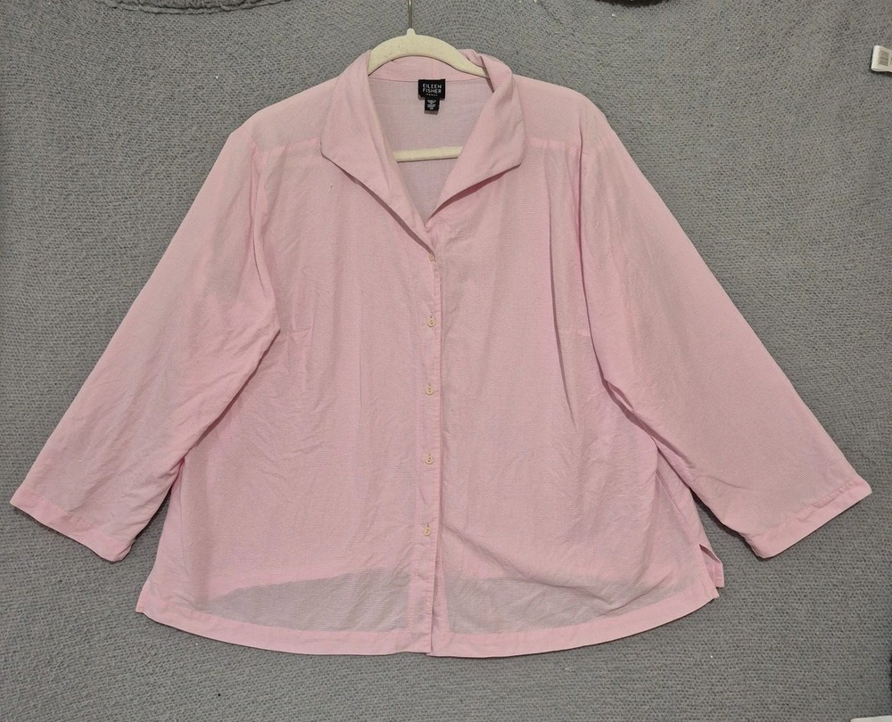 Eileen Fisher Women's Cotton Pink Textured Striped Button Up Collared Top 1X