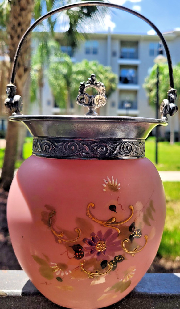 Victorian Style Pink Satin Glass Biscuit Cookie Hand Painted Floral Jar with Lid