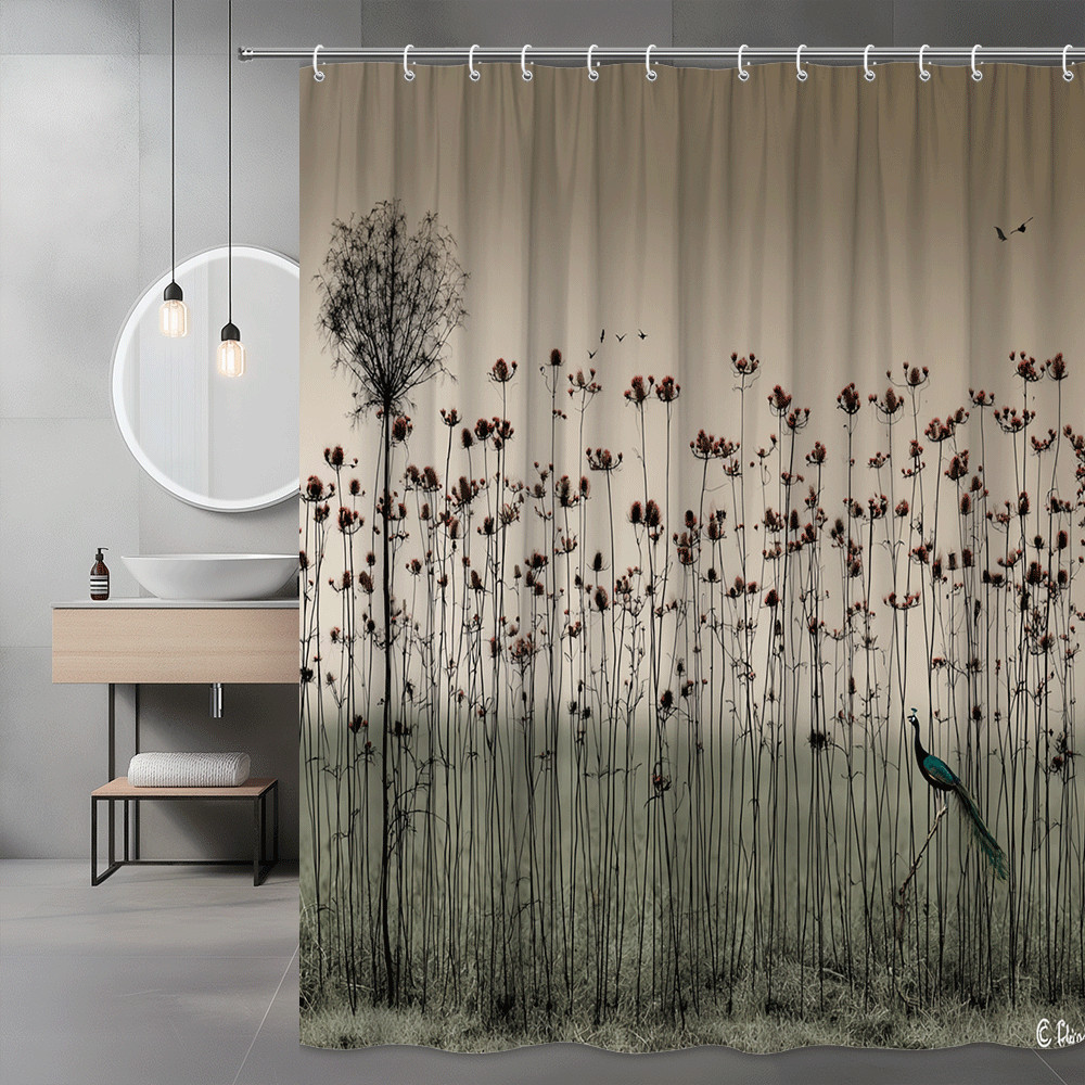 Peacock and Wildflowers Shower Curtain Nature Graphic
