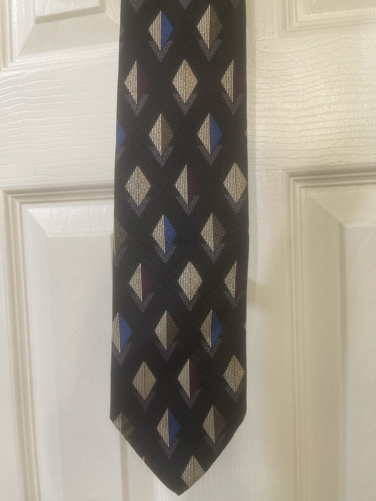 XMI 325 Series Woven Silk Geometric Men's Tie Black Blue Beige Handmade USA