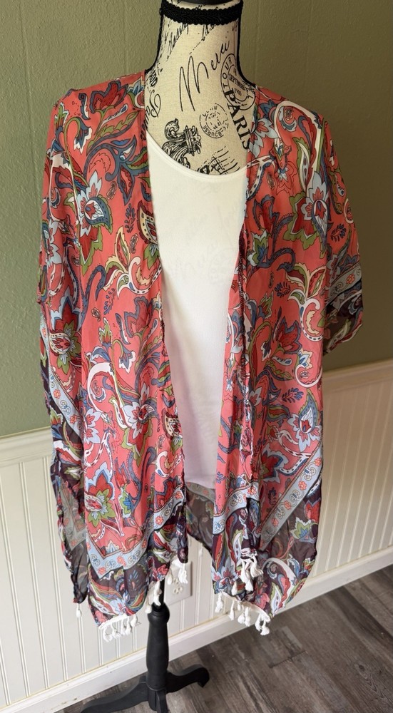 Coral Multicolor Paisley Sheer Open Front Kimono Short Sleeve Tassel One Size