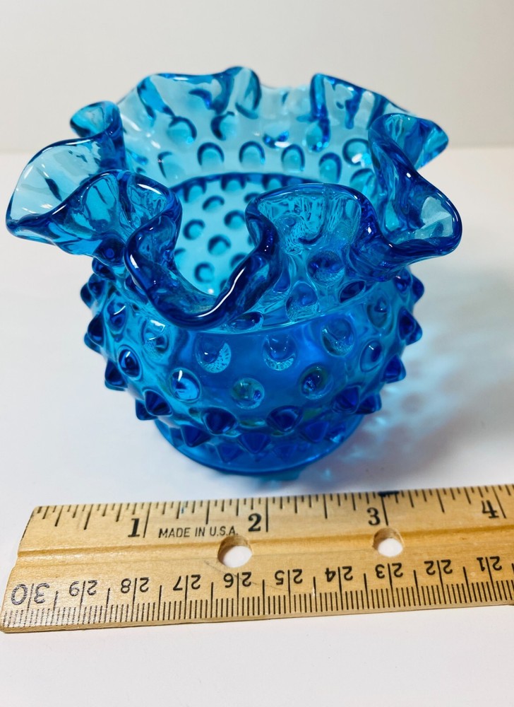 Vintage Fenton Blue Hobnail Glass Crimped Ruffle Edge 3 Inch Bud Vase