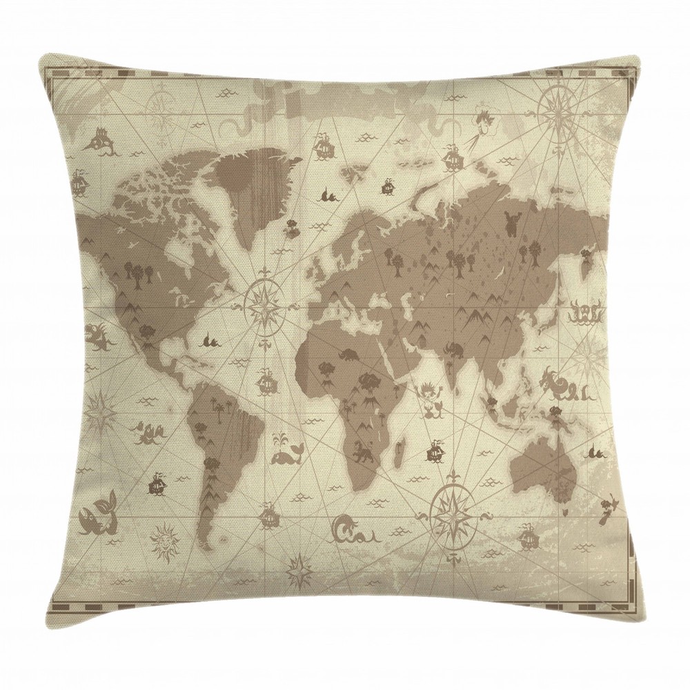 Aged World Map Monster Compass Square Pillow Case 18 Inch Cushion Cover