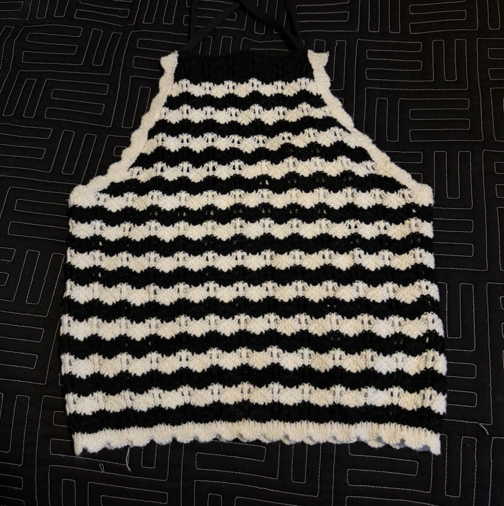 Rebellion Black/White Striped Crochet Knit Halter Crop Top Fringe M