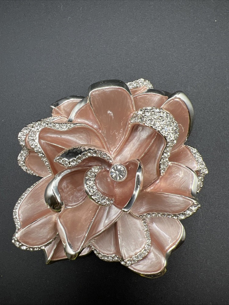 Joan Rivers Pink Enamel Rose Flower Brooch Rhinestone #285