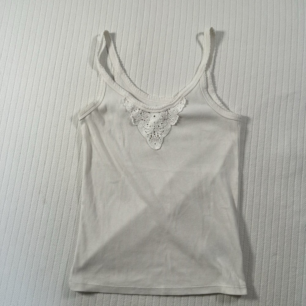 Old Navy Womens Small White Ribbed Tank Top Lace Trim Stretch