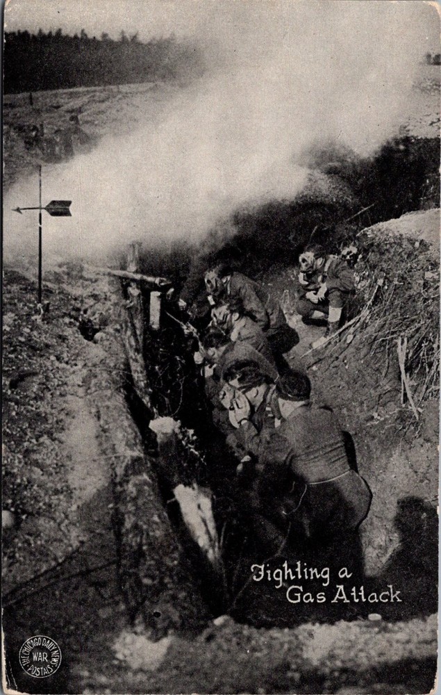 WWI Chicago Daily News War Postcard - Fighting a Gas Attack Trench Scene