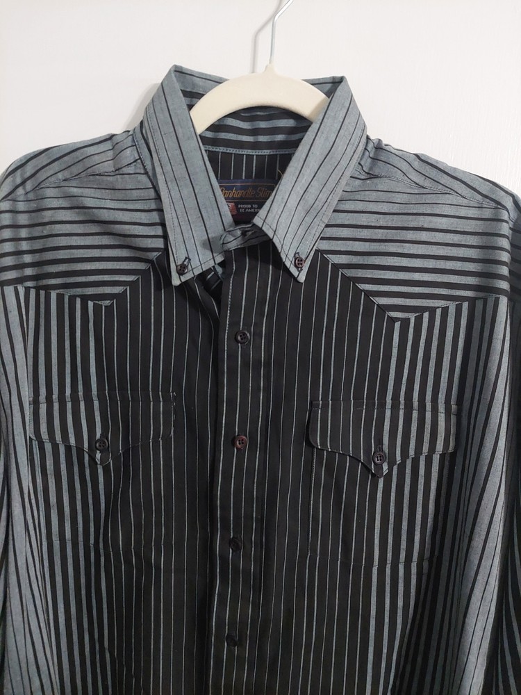 Panhandle Slim Striped Button-Up Shirt Men's Black Gray Long Sleeve 17 1/2