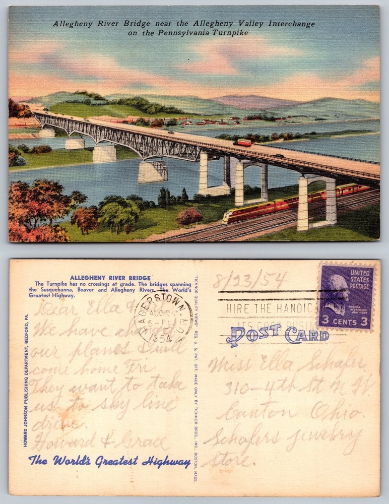 1954 Allegheny River Bridge Pennsylvania Turnpike Linen Postcard Posted