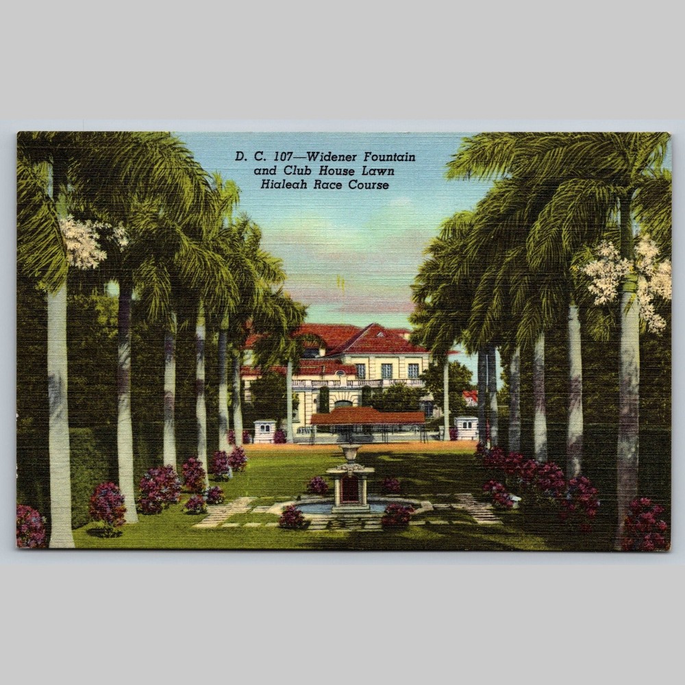 Postcard Hialeah Race Course Widener Fountain Club House Lawn Florida