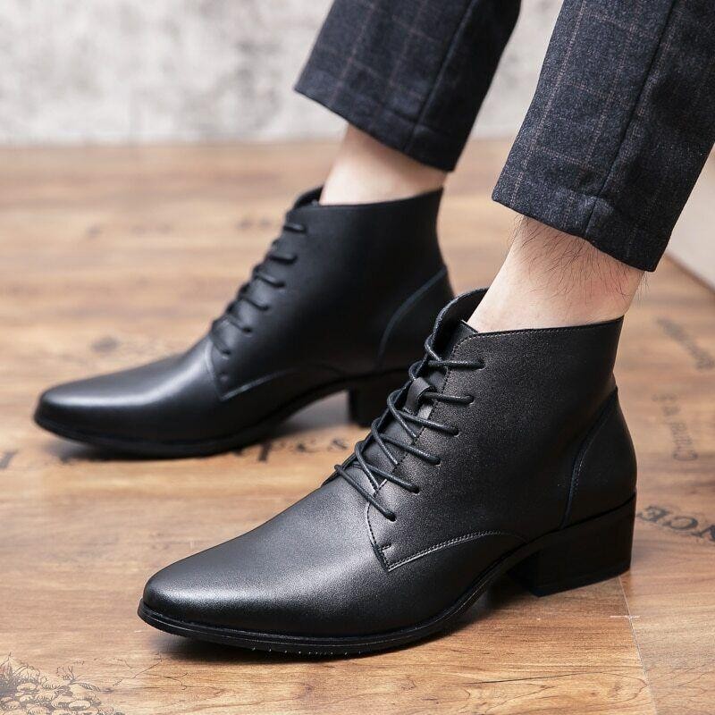Men's Leather High Heel Formal Business Boots with Zipper