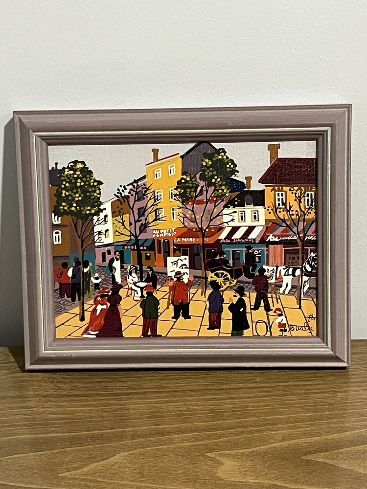 Vintage 1988 French Folk Art Oil On Canvas Painting Signed
