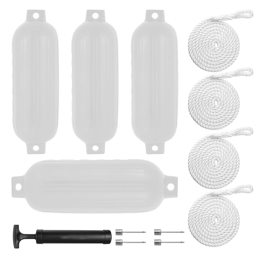 4PCS Boat Fender10x30'' Marine Inflatable Buoys Vinyl Ribbed Dock Bumper White