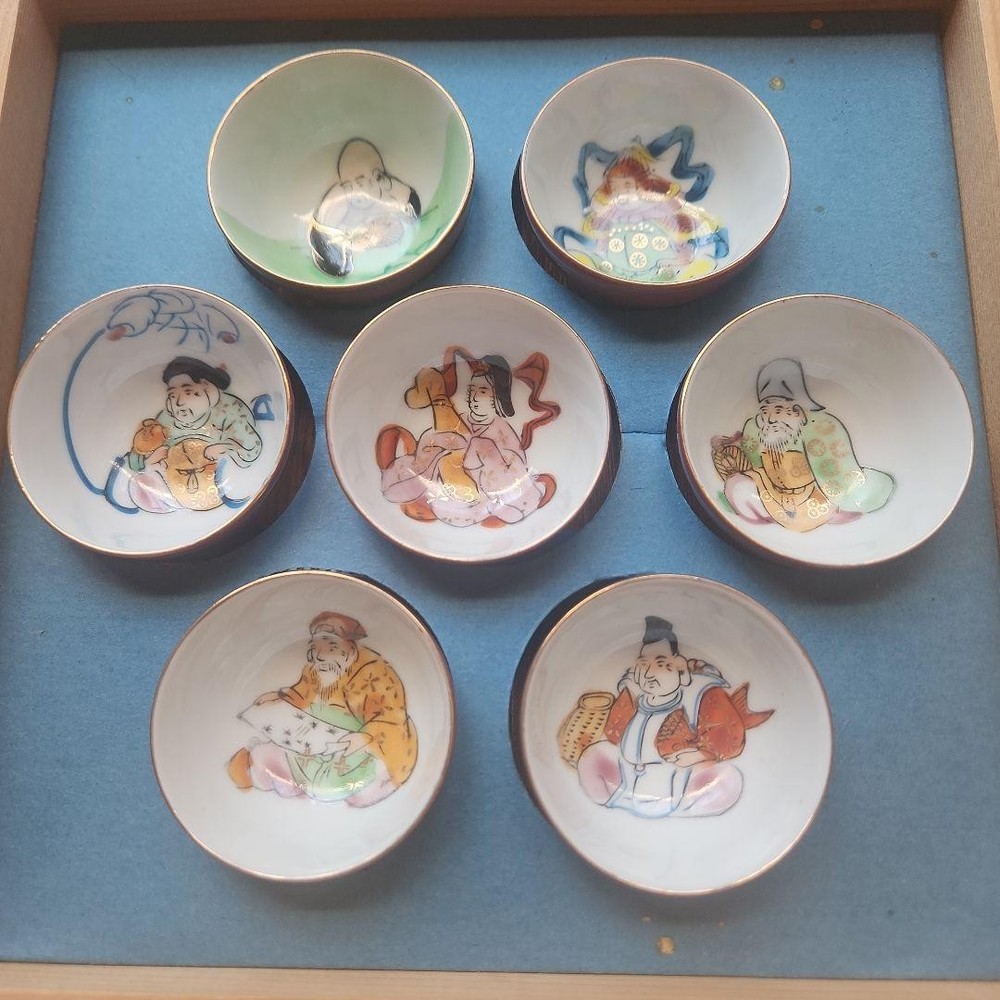 Seven Lucky Gods Ceramic Inochi Set of 7 Kutani Ware Retro Showa Red/White