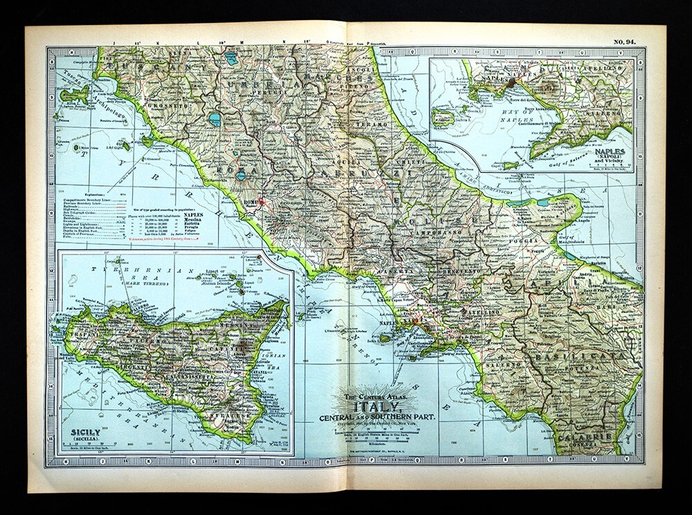 1897 Century Map Italy Rome Sicily Naples Syracuse Siena Perugia Capri Elba Isle