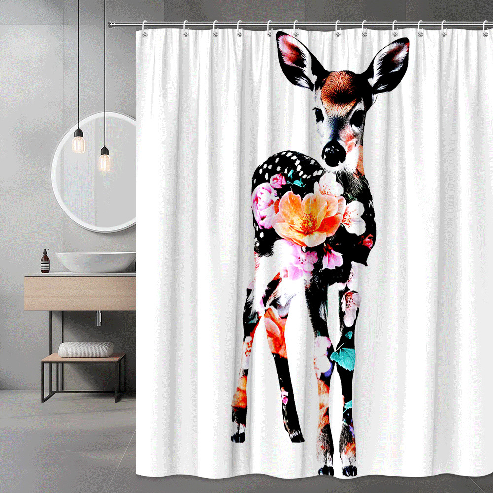 Floral Deer Shower Curtain Black White Animal Print
