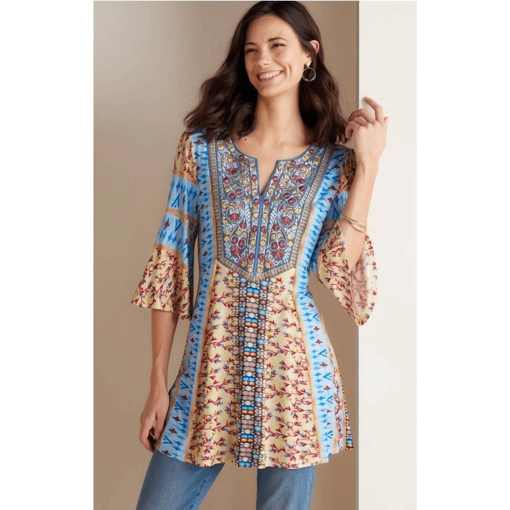 Soft Surroundings FiFi Embroidered Tunic Blouse Top 3/4 Bell Sleeve Boho Size XL