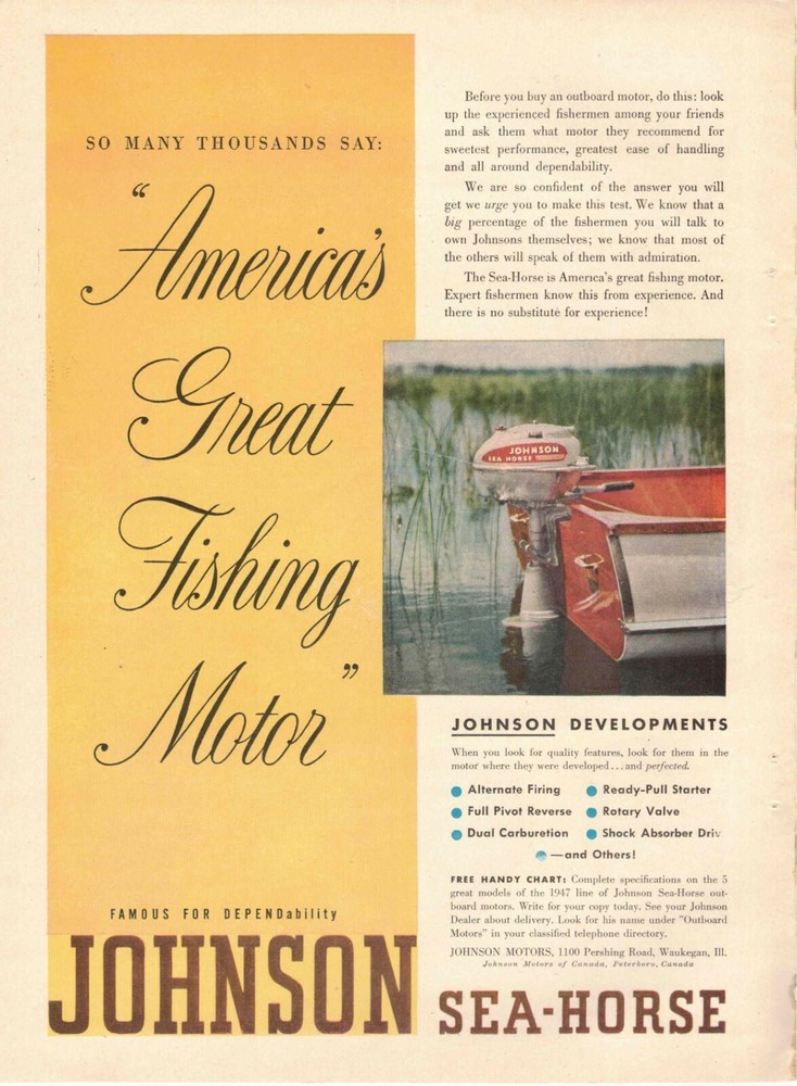 Johnson Sea Horse Outboard Motor ad 1947 Waukegan IL
