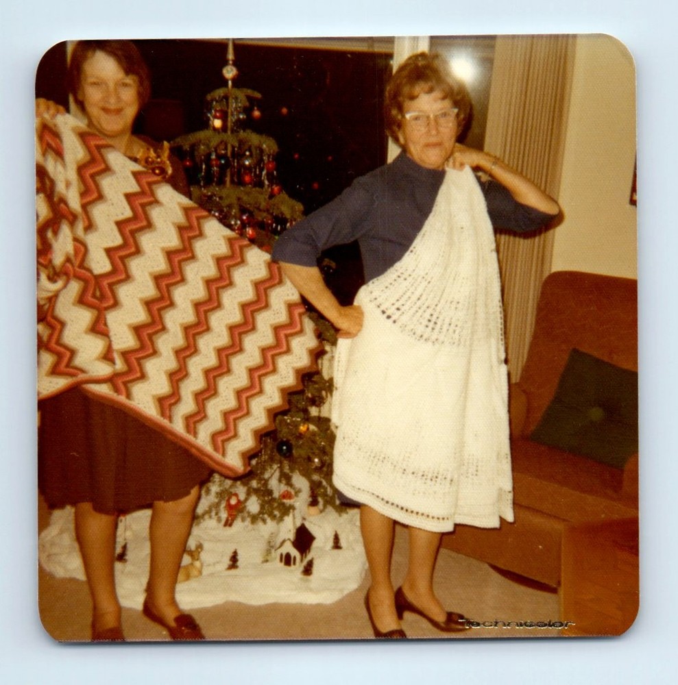 Old Vintage Square Color Photo PAIR DUO LEGGY WOMEN BY CHRISTMAS TREE PIC