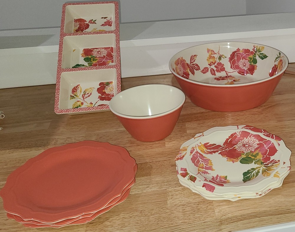 THRESHOLD MELAMINE FLORAL & CORAL SALAD PLATES, SMALL & LARGE BOWL, DIPPING SET