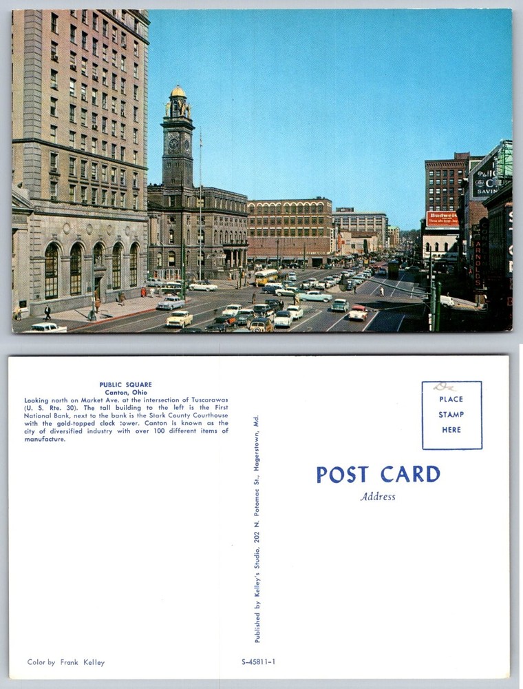 Canton Ohio Public Square Vintage Postcard Stark County Courthouse 1950s Cars