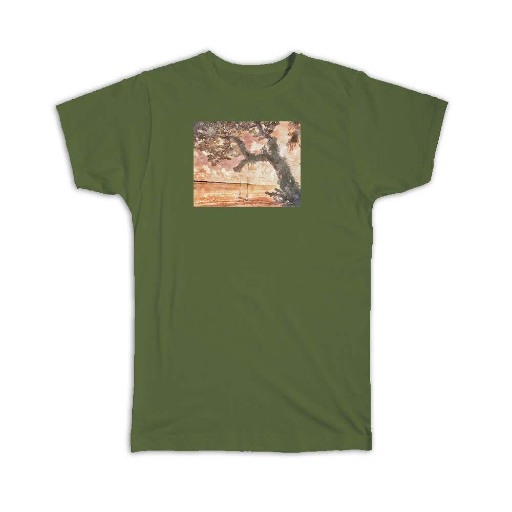 Gift T-Shirt : Watercolor Scenary Tree Swing